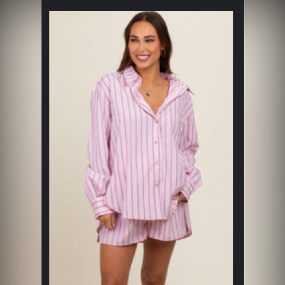 Pink Striped Button Down Top and Short Maternity Set